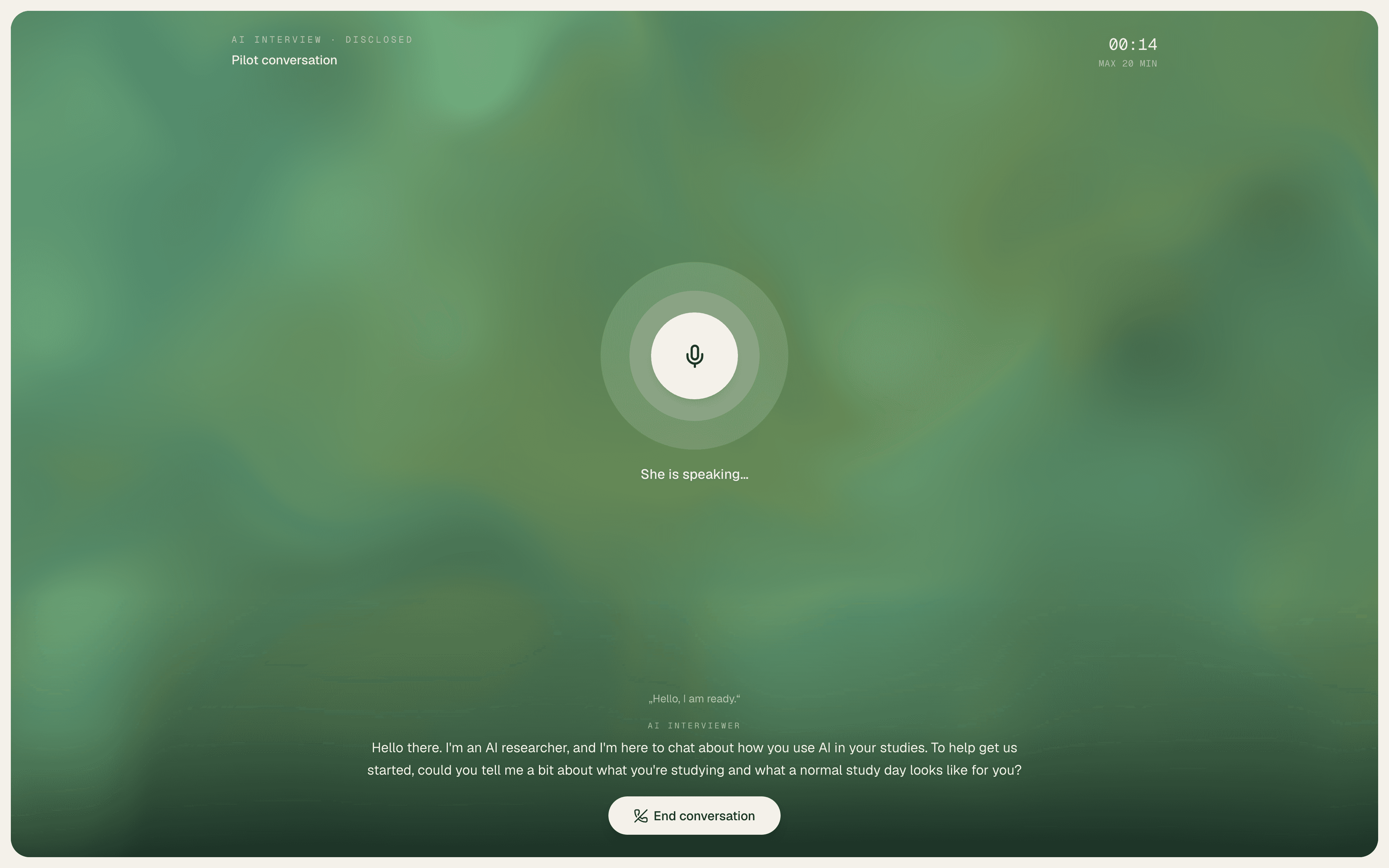 A live AI led interview call: the interviewer greets the participant with live captions, disclosed as an AI, with the session timer running