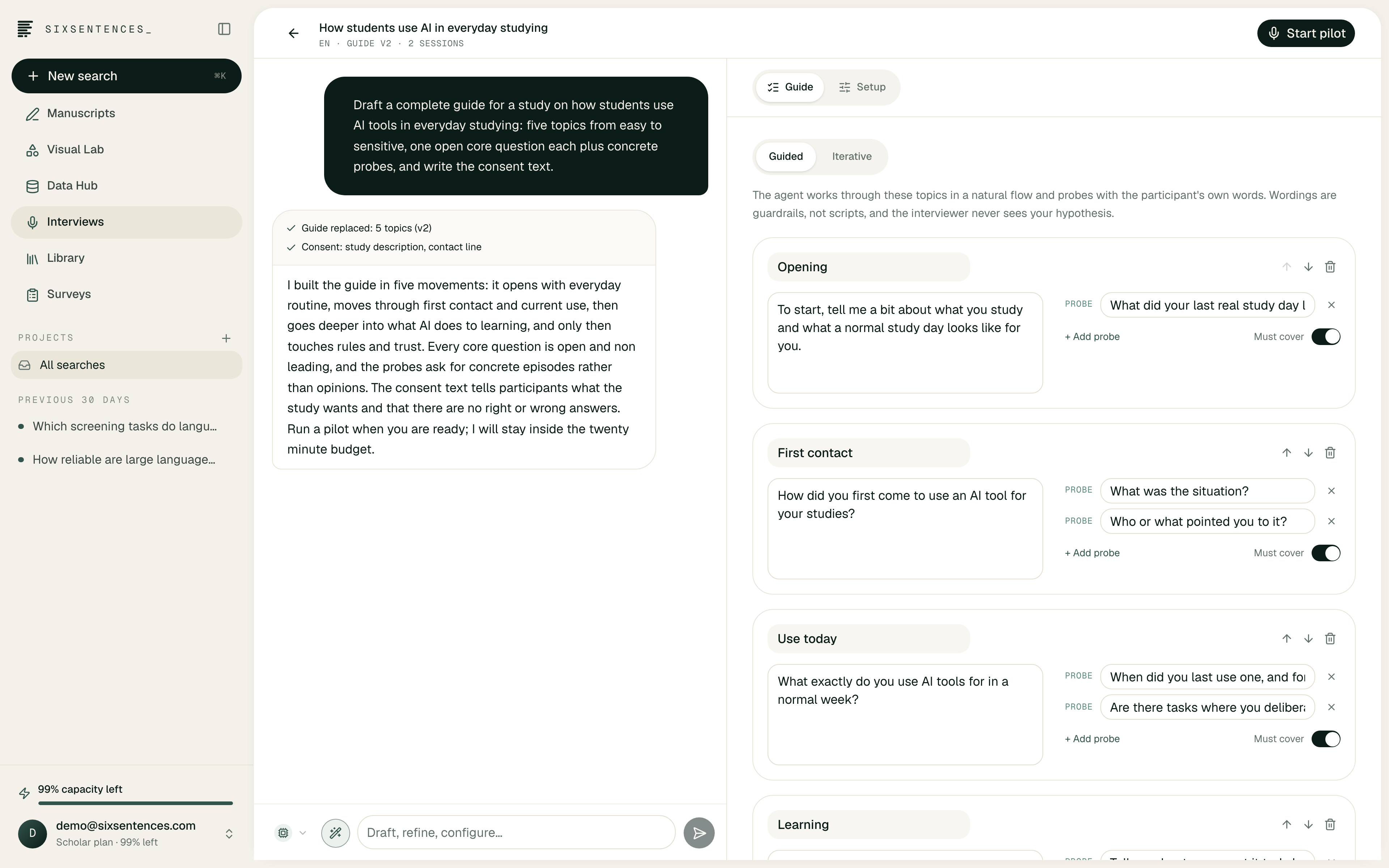 SixSentences_ qualitative interview workspace with study sessions, transcript analysis and research memos