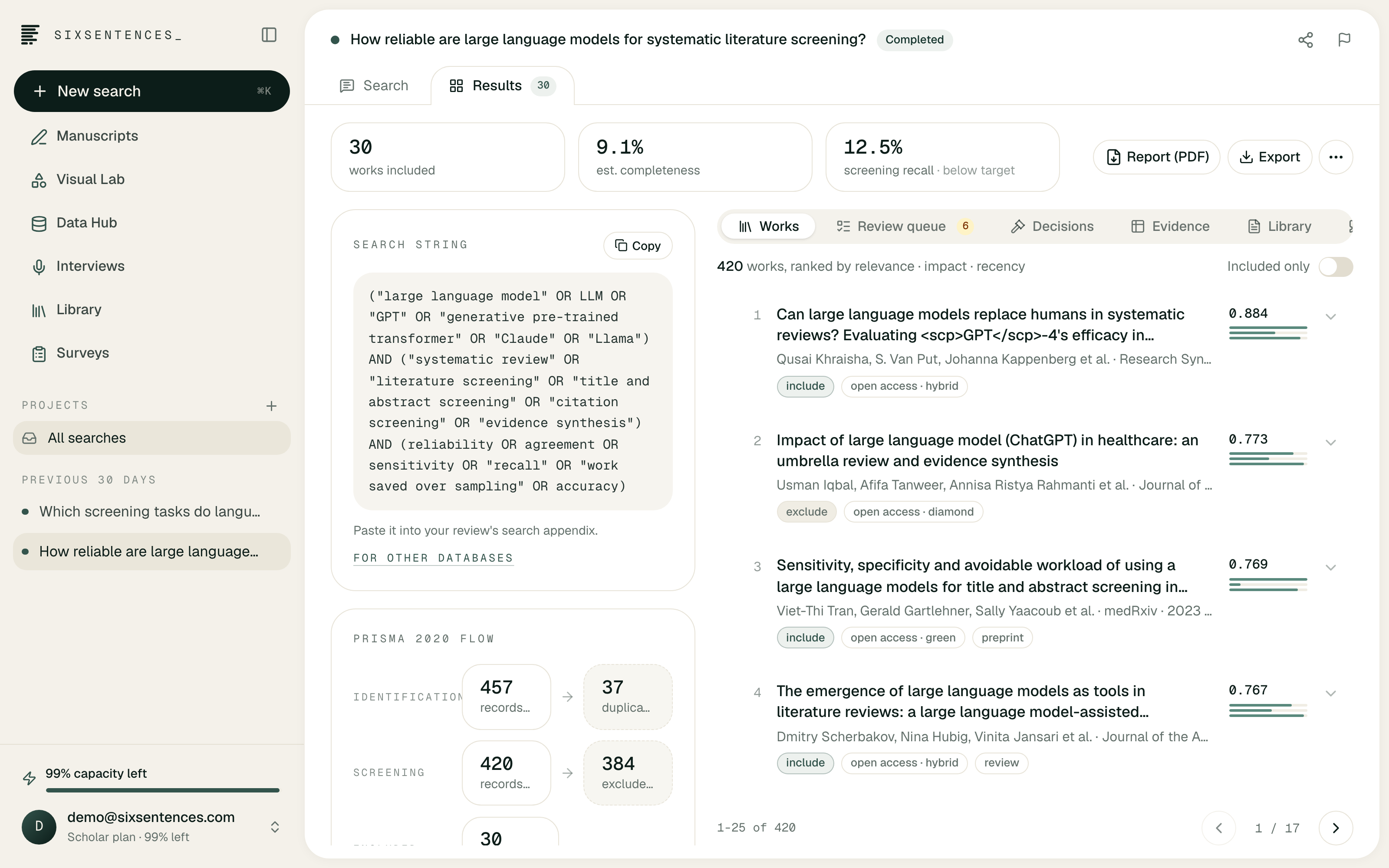 SixSentences_ Data Lab showing a versioned research dataset, analysis conversation and exact result visualisations