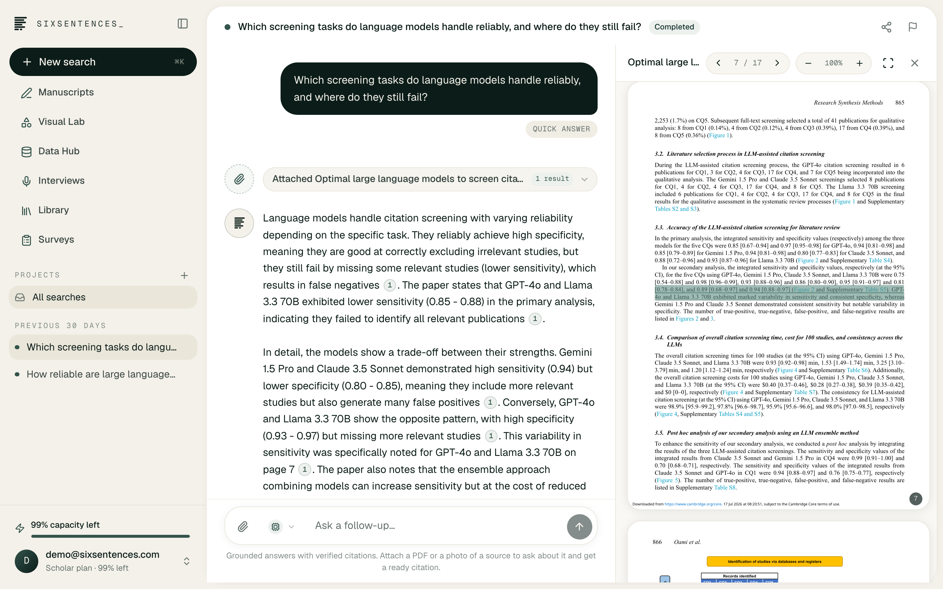 SixSentences_ systematic review project showing the review question, study records and documented workflow in a wide research workspace