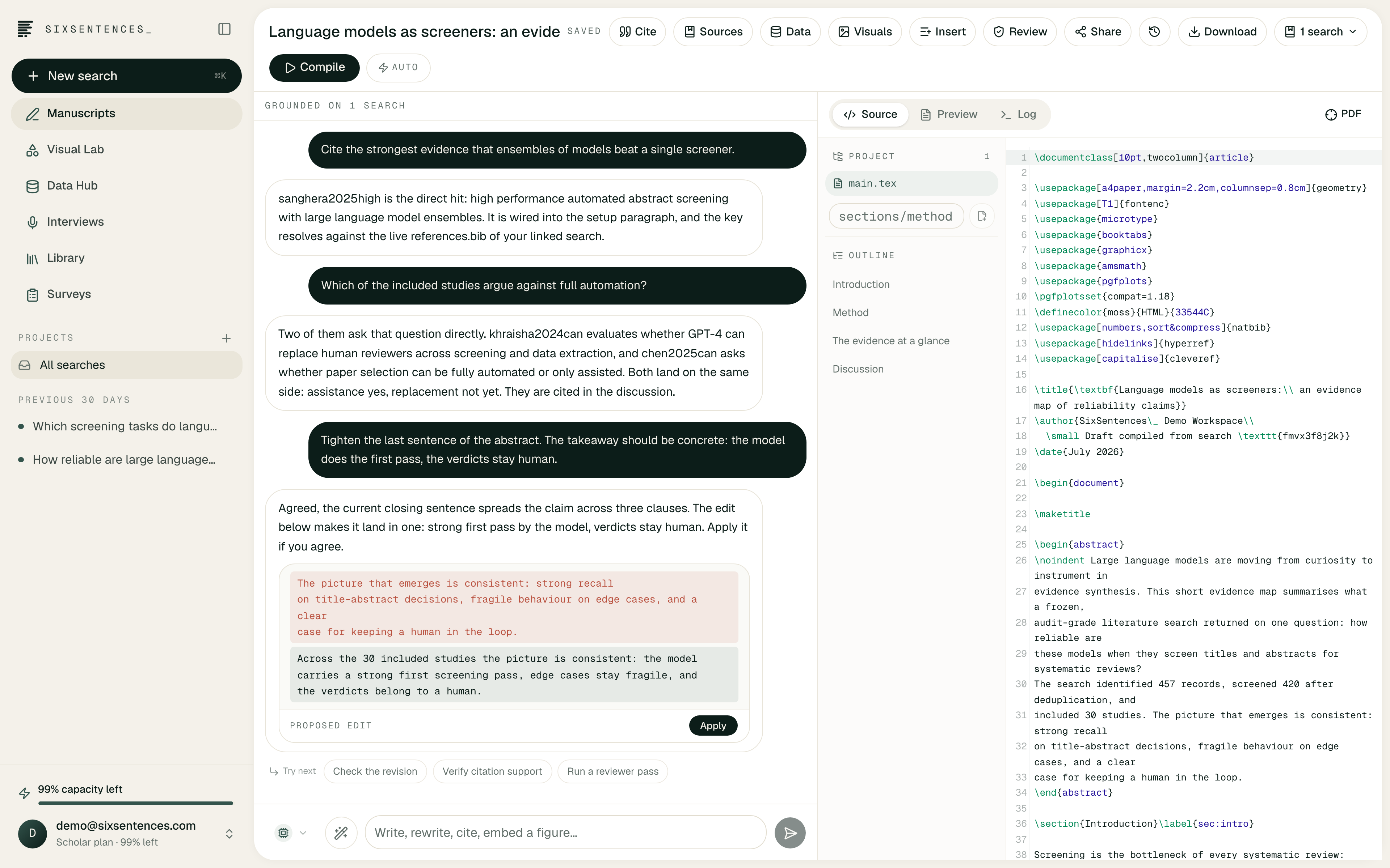 SixSentences_ Manuscript Studio with project files, LaTeX source, rendered PDF and evidence-linked writing controls
