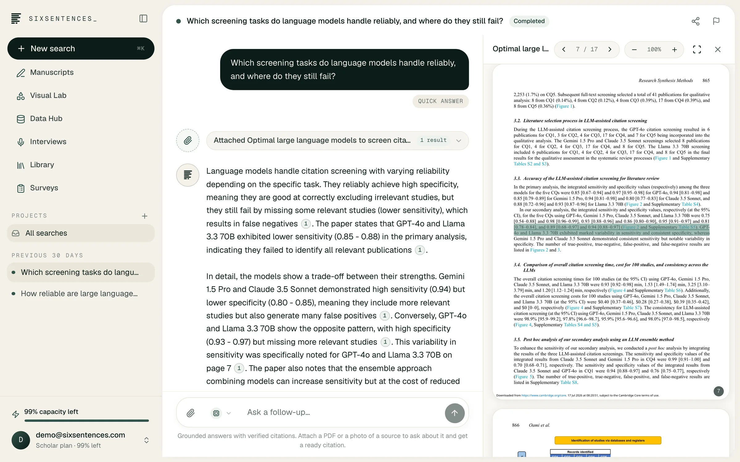 SixSentences_ systematic review project showing the review question, study records and documented workflow in a wide research workspace