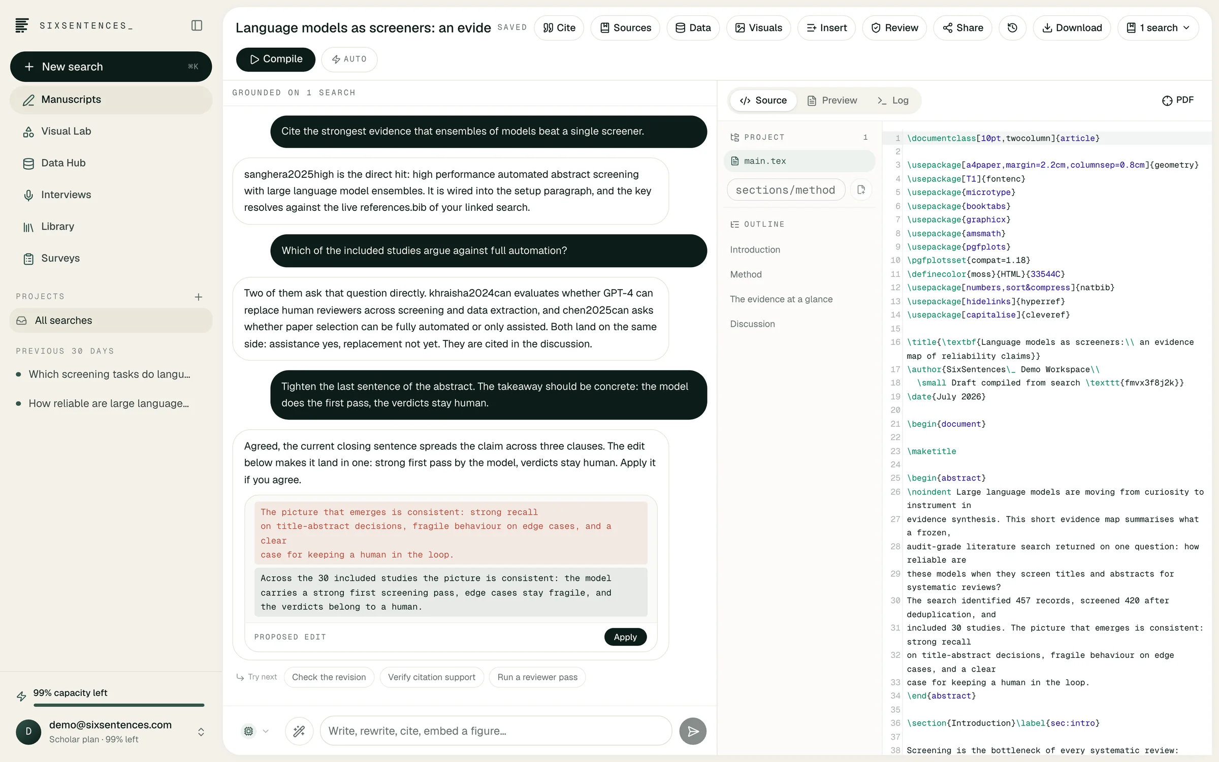 SixSentences_ Manuscript Studio with project files, LaTeX source, rendered PDF and evidence-linked writing controls